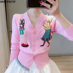 Pull à manches longues avec broderie de lapin de dessin animé pour femmes, cardigan à col en V, pulls élégants, tricots chics pour dames, mode Y