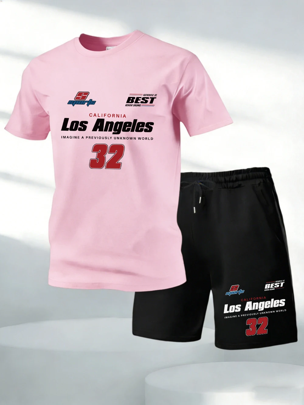 

Two Pieces Set Los Angeles California 32 Prints Cotton T-Shirts Pants Mens Oversized Soft O-Neck Tops High Waisted Pocket Shorts