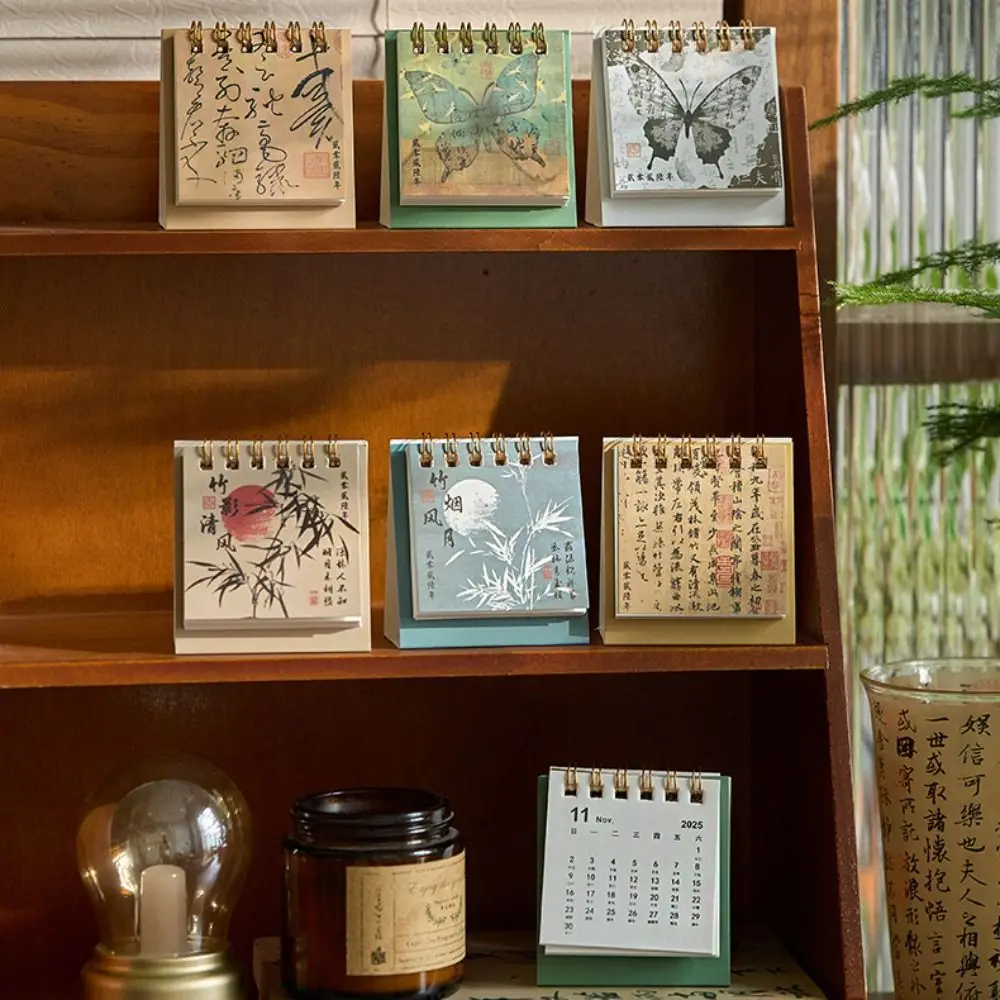 Month Date Display 2026 Mini Desk Calendar Ink Wash Painting Chinese Style Monthly Planner Ancient Solid Color