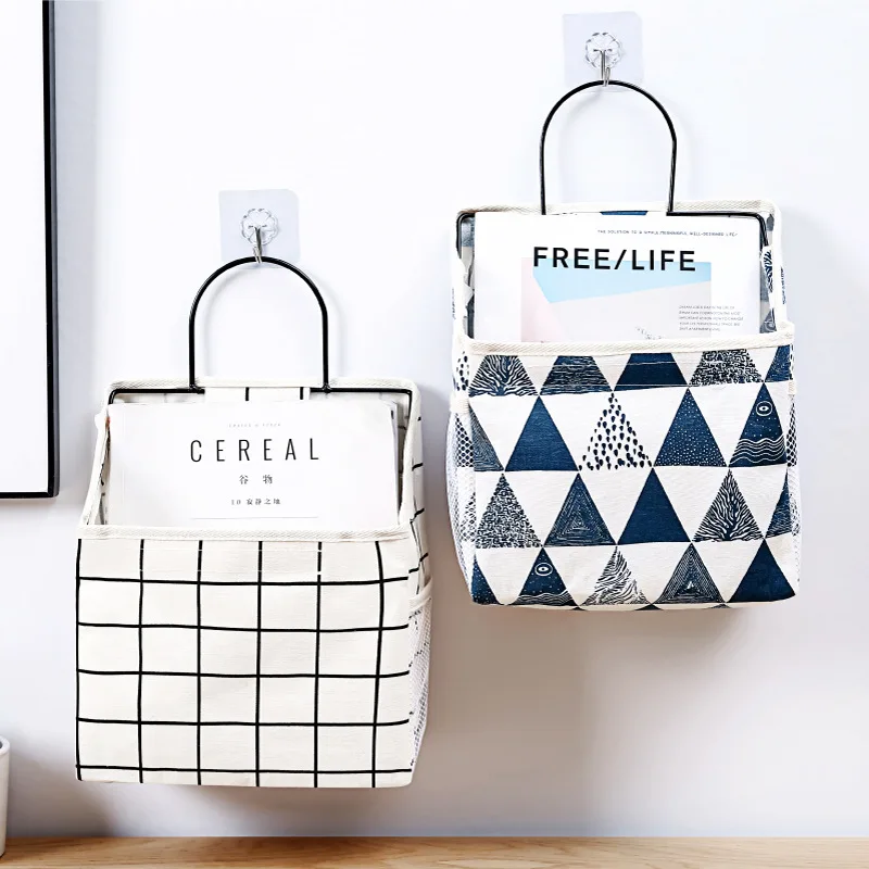 Dormitory Wall Hanging Storage Bag Wall Door Wardrobe Table Top Fabric Cotton Linen Organizer Basket for Books CD Magazine