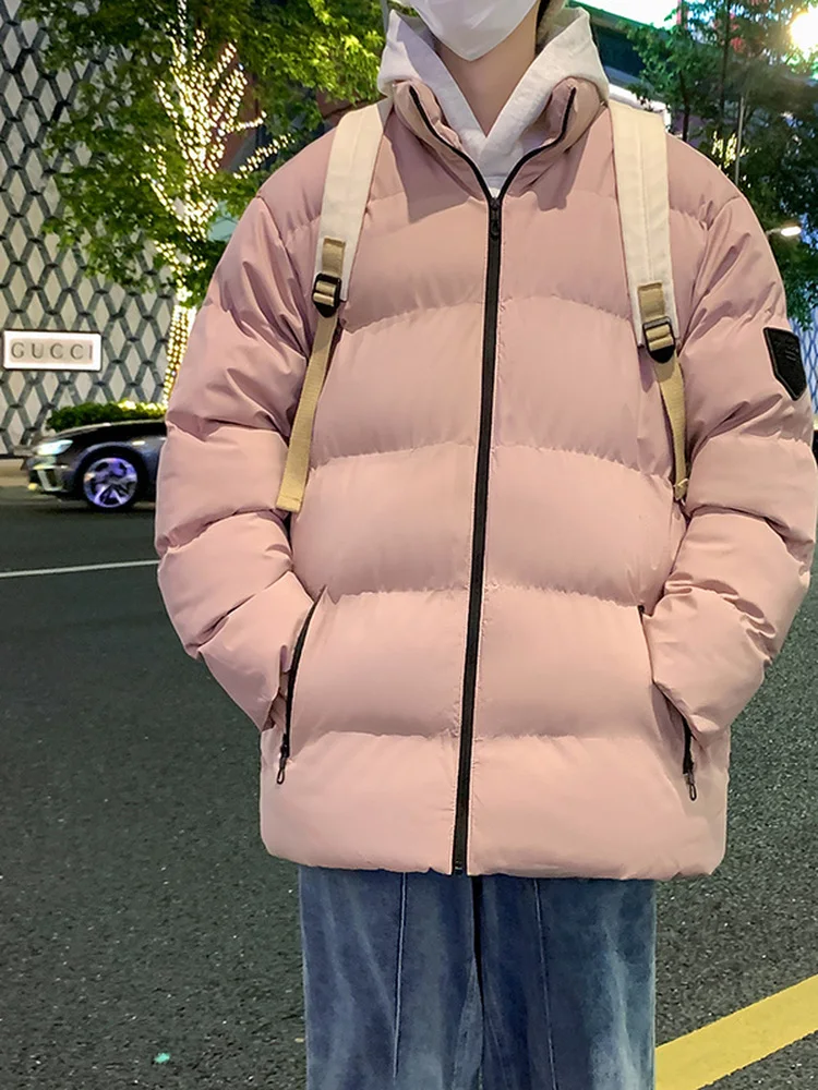 

Winter Thiened Cotton Jaet Men's Stand Collar Casual Outdoor Windproof Warm Polyester Fiber Zipper Closure Long Sve Coat