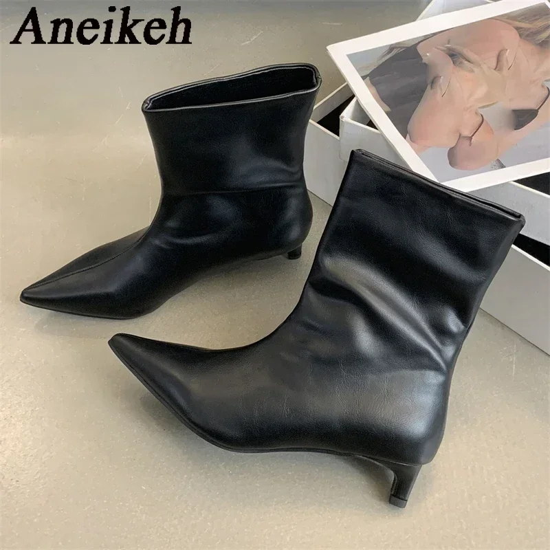 Aneikeh 2025 Autumn Fashion Thin Low Heel Pointed Toe Women Ankle Boots Ladies SHort Modern Shoes Party Pumps botas mujer