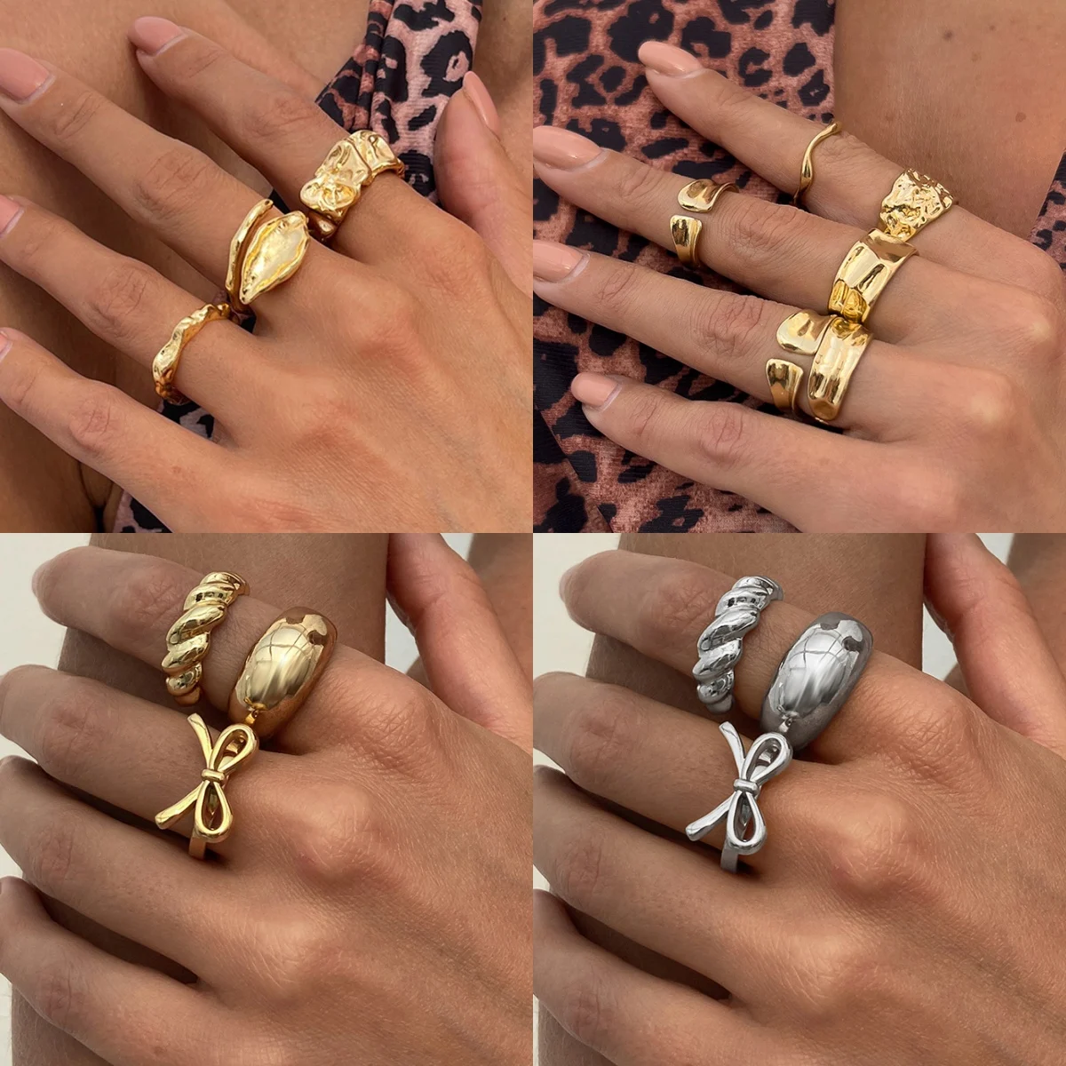 

Vintage Punk Irregular Geometry Open Ring Set for Women Trendy Liquid Metal Adjustable Finger Rings Wedding Party Jewelry Gift