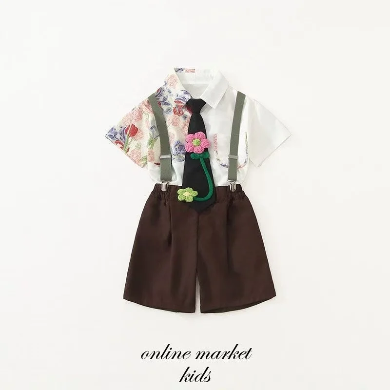 Birthday Holiday Flower Girl Party Dress Personalized Patchwork Flower Tie+Lapel Cardigan Short Sleeved Shirt+Overalls 3PCS Set