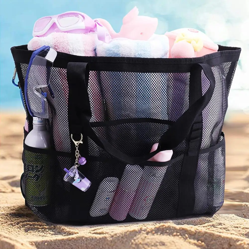 

Mesh Beach Bags Foldable Lightweight 8 Pockets Large Capacity Grocery Produce Tote Bag Sandproof Beach Toy Camping Bag