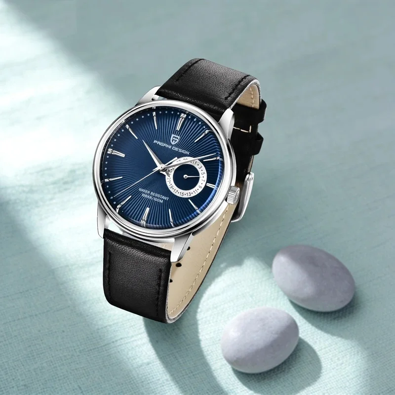 PAGANI DESIGN PD-1654Dial Brown Leather Strap 100M Waterproof Wristwat Quartz Dress Watch for Men Rose Gold Case White Sunburst