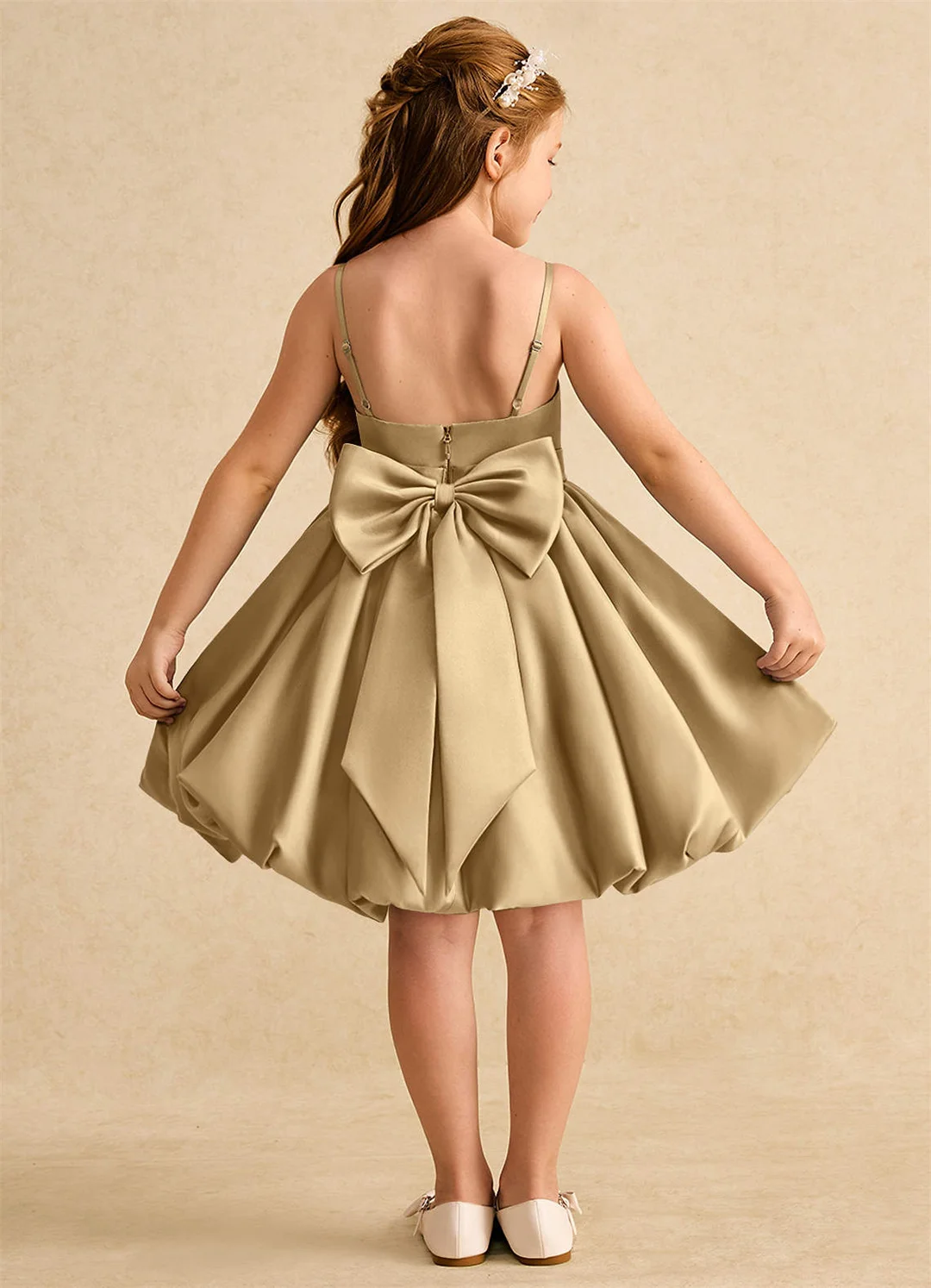 

Customized Flower Girls' Dresses Satin Spaghetti Straps A-line Solid Big Bow Wedding Party Gowns Luxury Girl's Evening Dress New