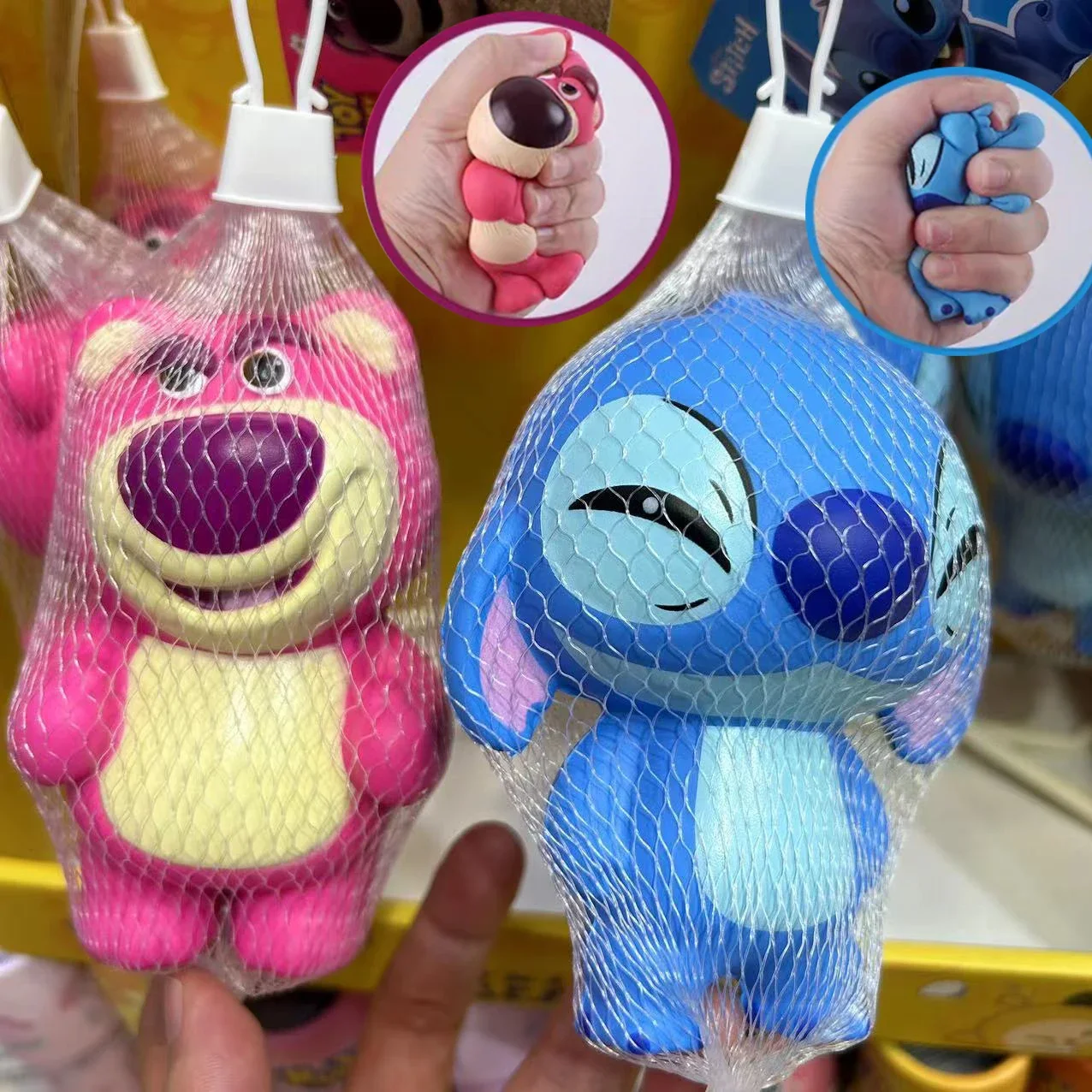

Original Disney Stitch Action Figures Decompression Toys Kawaii Strawberry Bear Model Doll Slow Rebound Stress Relief Kids Gift