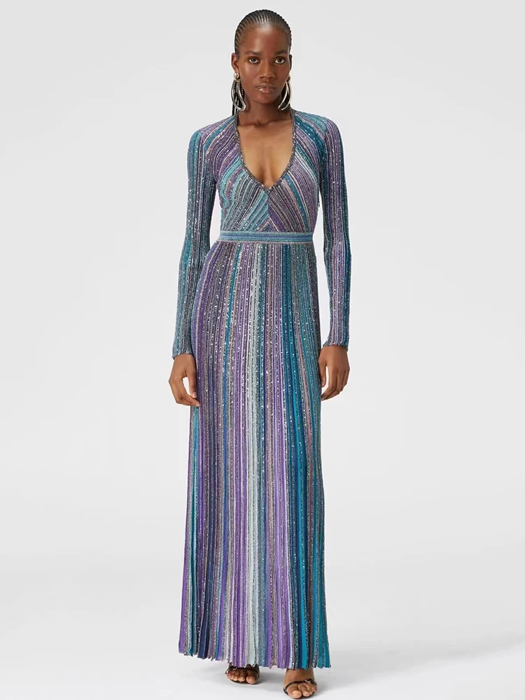

Designer color vertical stripe V-neck bright silk knit dress 2024 fall women's new fashion high-waisted A-line pompous dress