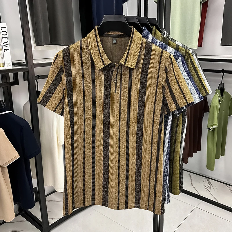Herren Strukturierte Vertikal Gestreifte Kurzarm-Poloshirts Lässige Business-Oberteile Atmungsaktiv Knitterfrei Sommerkleidung – Detail 15