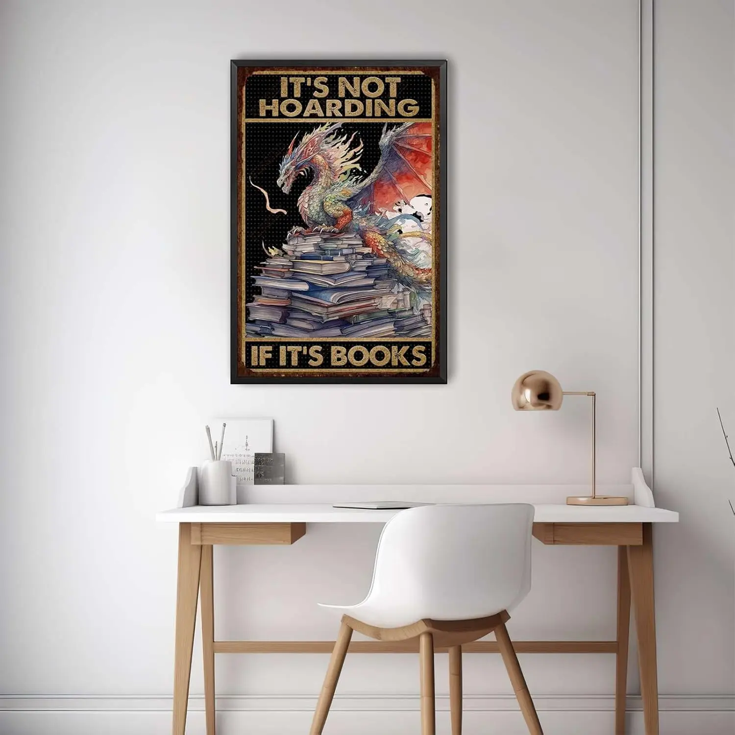 Funny Tin Signs Dragon Metal Tin Sign Dragon Book It's Not Hoarding If It's Books Wall Art Decor Metal Sign 8x12inch-wit