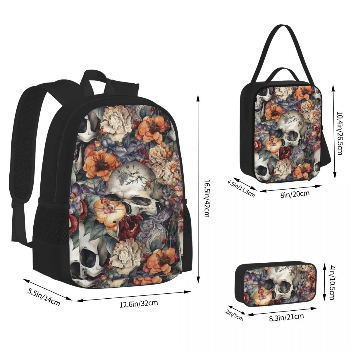 Vintage Floral Skull Roses Backpacks Boys Girls Bookbag Students School Bags Kids Rucksack Lunch Bag Pen Bag Three-Piece Set