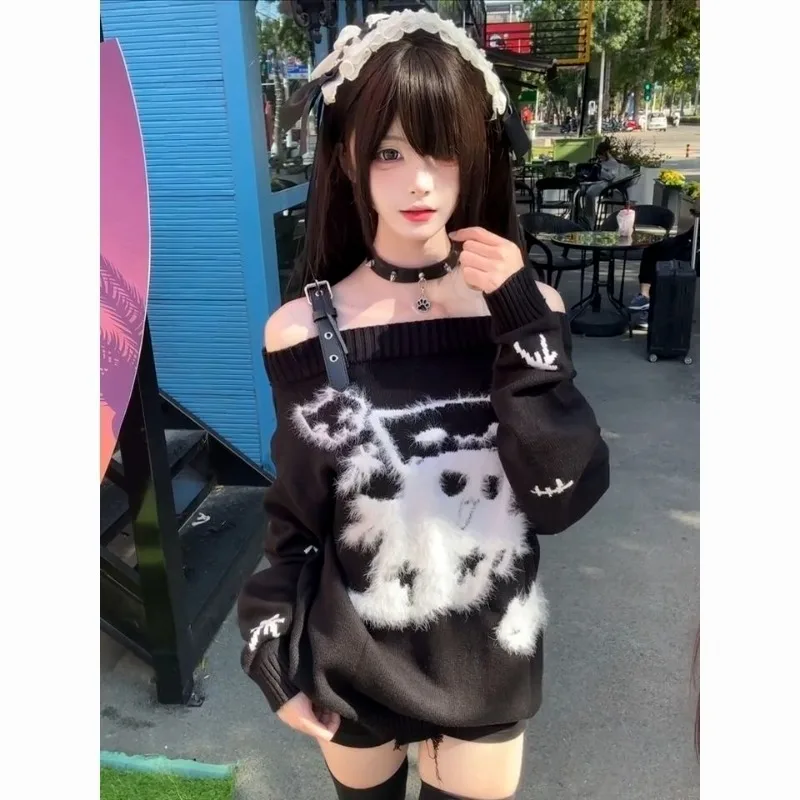 Korean Subculture Long Sleeve Black Sweater Women Casual Sweet Cartoon Embroidery Pullover Cute Slash Neck Knitwear Patchwork