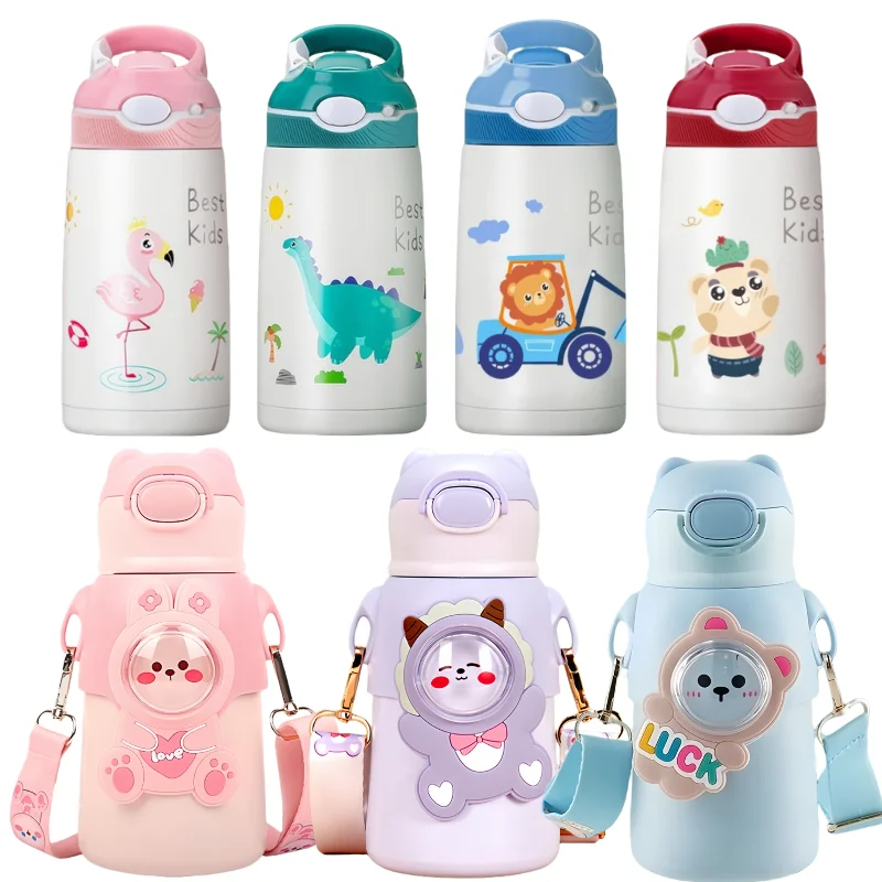 

400ML Kids Bottle Cartoon Dinosaur Thermos Mug Baby Duck Billed Straw 316 Stainless Steel Vacuum Flasks Thermos Bottle