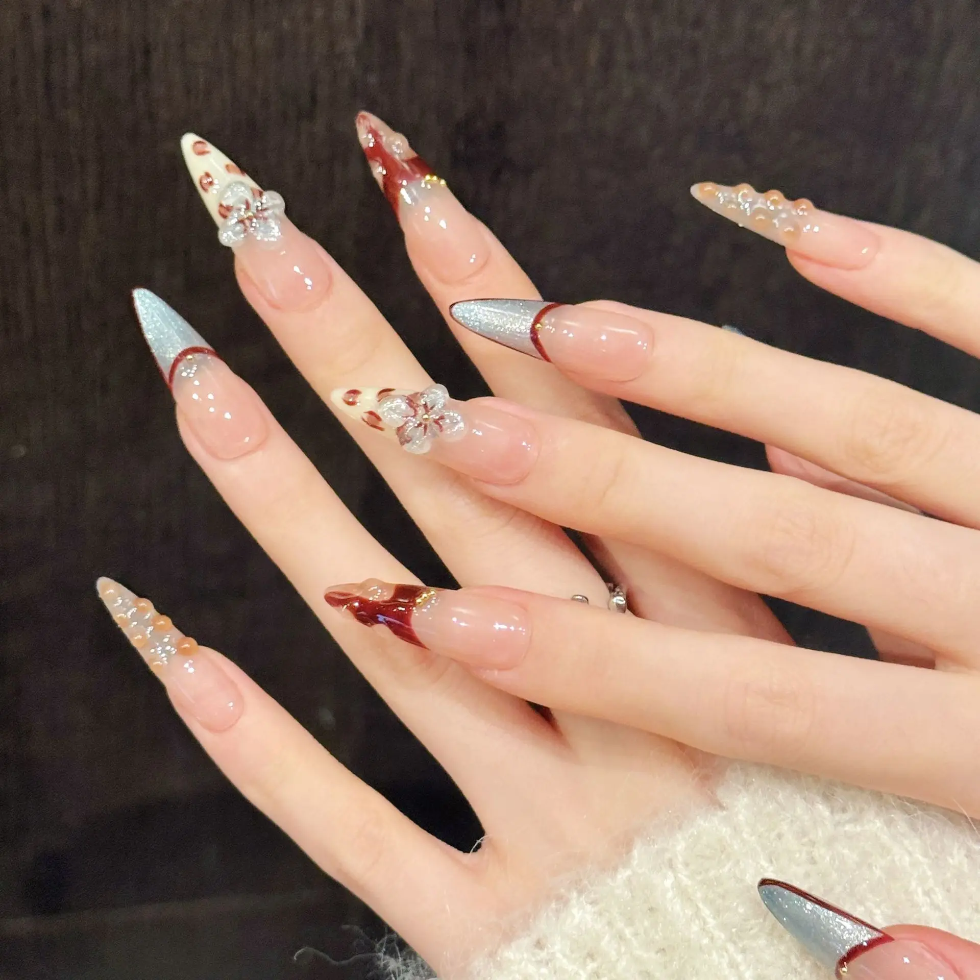 YH001-27 Handmade Press on Nail 10pcs French cat eye three-dimensional carving fake nail patch
