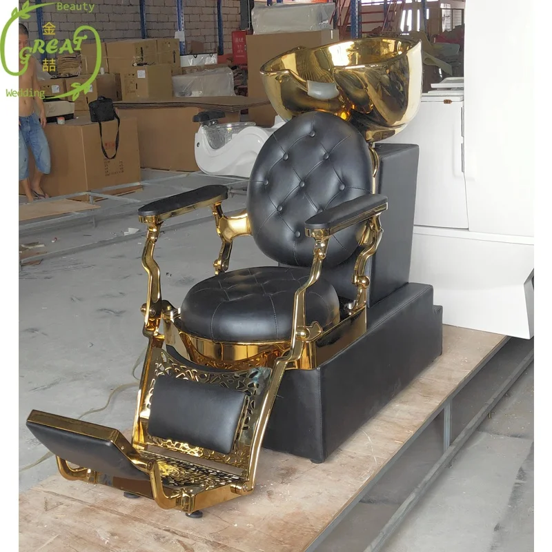 Hair Salon Furniture Equipment Black Gold Shampoo Bed Hair Wash Shampoo Chair With Ceramic Bowl Sink