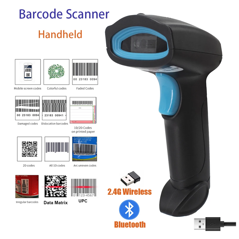 

Wireless 2D Barcode Scanner Bluetooth Portable Handheld 1D/2D QR Code Reader Quick Identify Bar code CMOS for Retail Warehouse