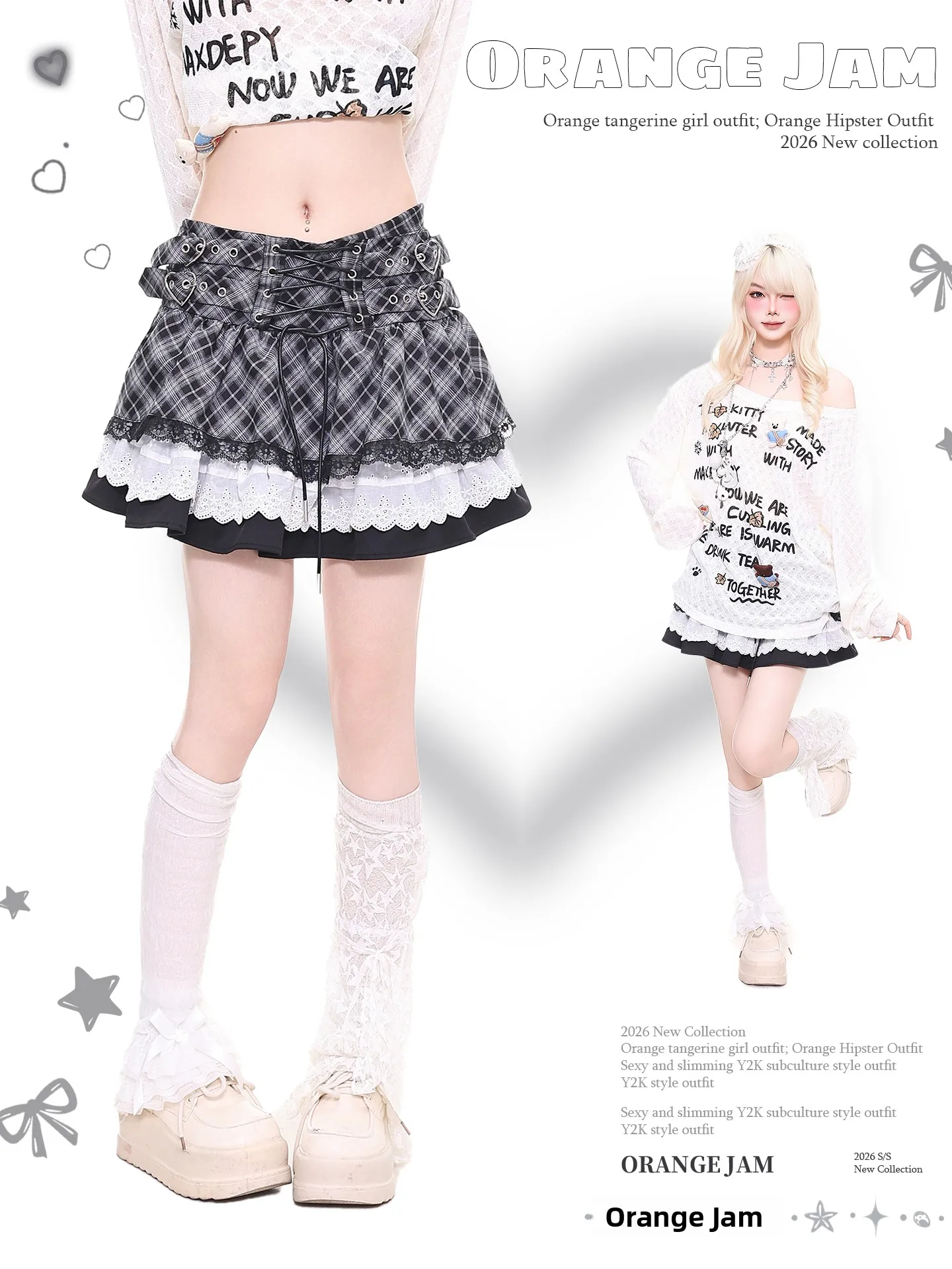 

Orange Marmalade YO Sweet School Style Plaid Skirt A-Line Slimming Anti-Light Splicing Lace Short Skirt for Girls