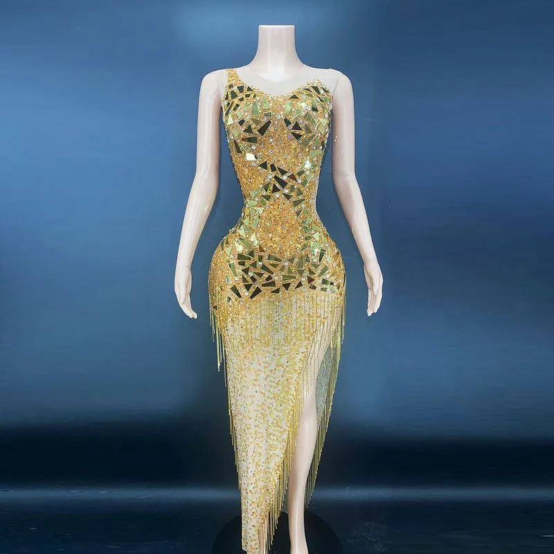 Sexy Tassel Maternity Photography Dress Golden Rhinestone Mirror Glitter Gown Side Slit Pregnant Woman Photography Props