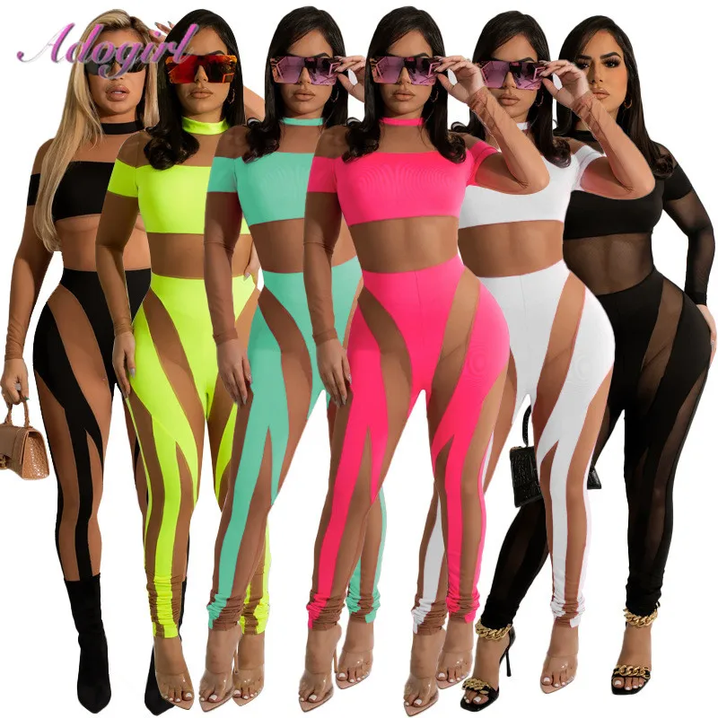 Neon Color Rompers Women Sexy Sheer Mesh Patchwork See Through Party Club Jumpsuit Summer Long Sleeve Outfit Fitness Overalls