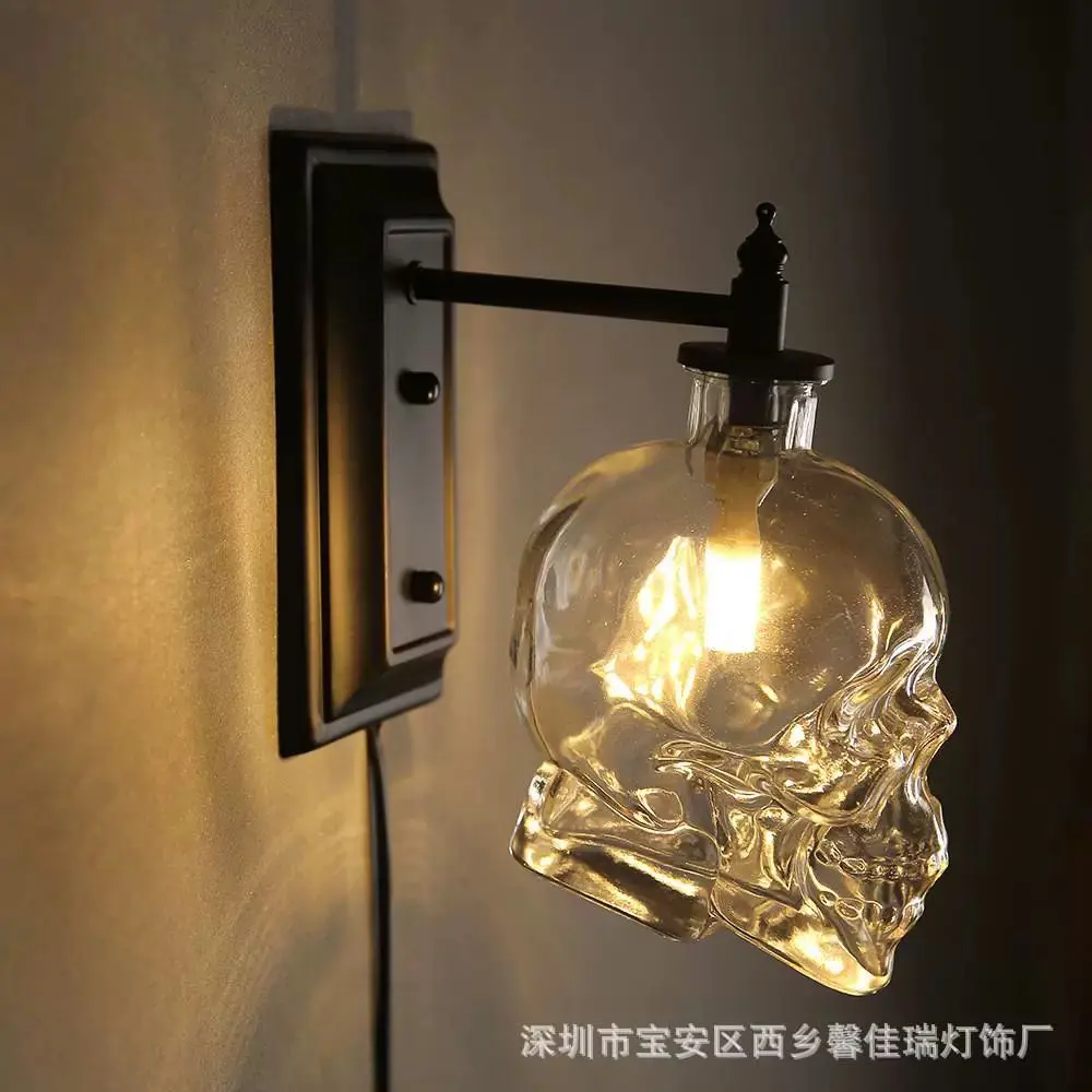 personalized creative bar lamp thriller Nordic simple retro industrial style skull head wine bottle wall lamp