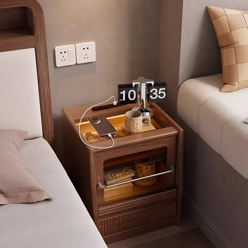 Modern Minimalist Nightstand Lights Glass Bedside Drawers Nightstand Smart Wooden Armarios De Dormitorio Bedroom Furniture