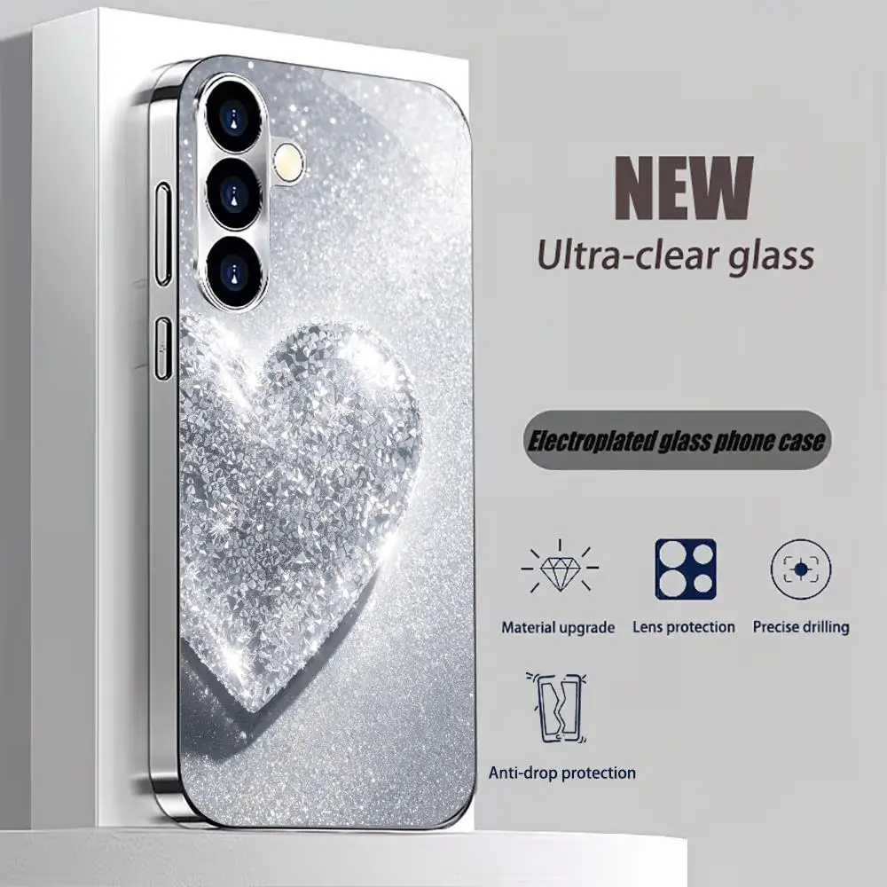 Silver Diamond Heart Electroplated Glass TPU phone case for Samsung Galaxy S26 S25 S24 S23 S22 S21 FE,Ultra,Plus Drop resistant