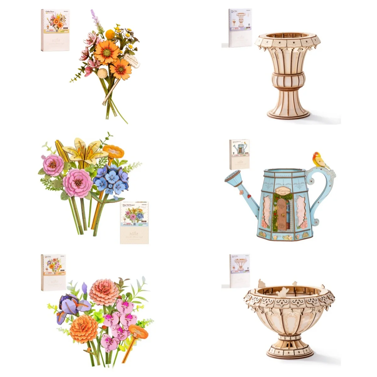 Rolife Wooden Flower Bouquet 3D Puzzle Mix&Match Wood Vase&Blooms DIY Artificial Wood Flower Model Building Craft Kit for Home Decor Ideal Gift for Mother Women