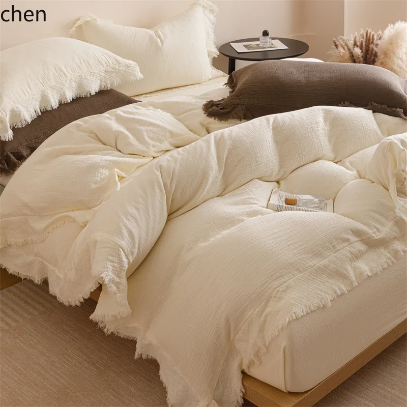 ZML pure cotton four-piece set with tassels, soft bedding with fitted sheet