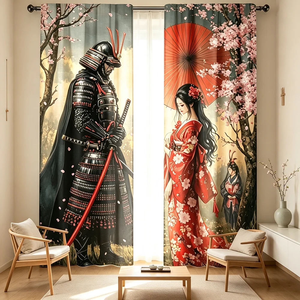2PCS Digital Printed Curtains, Japanese Samurai Warrior Geisha Cherry Blossom Pattern, Asian Style for Bedroom Living Room Decor