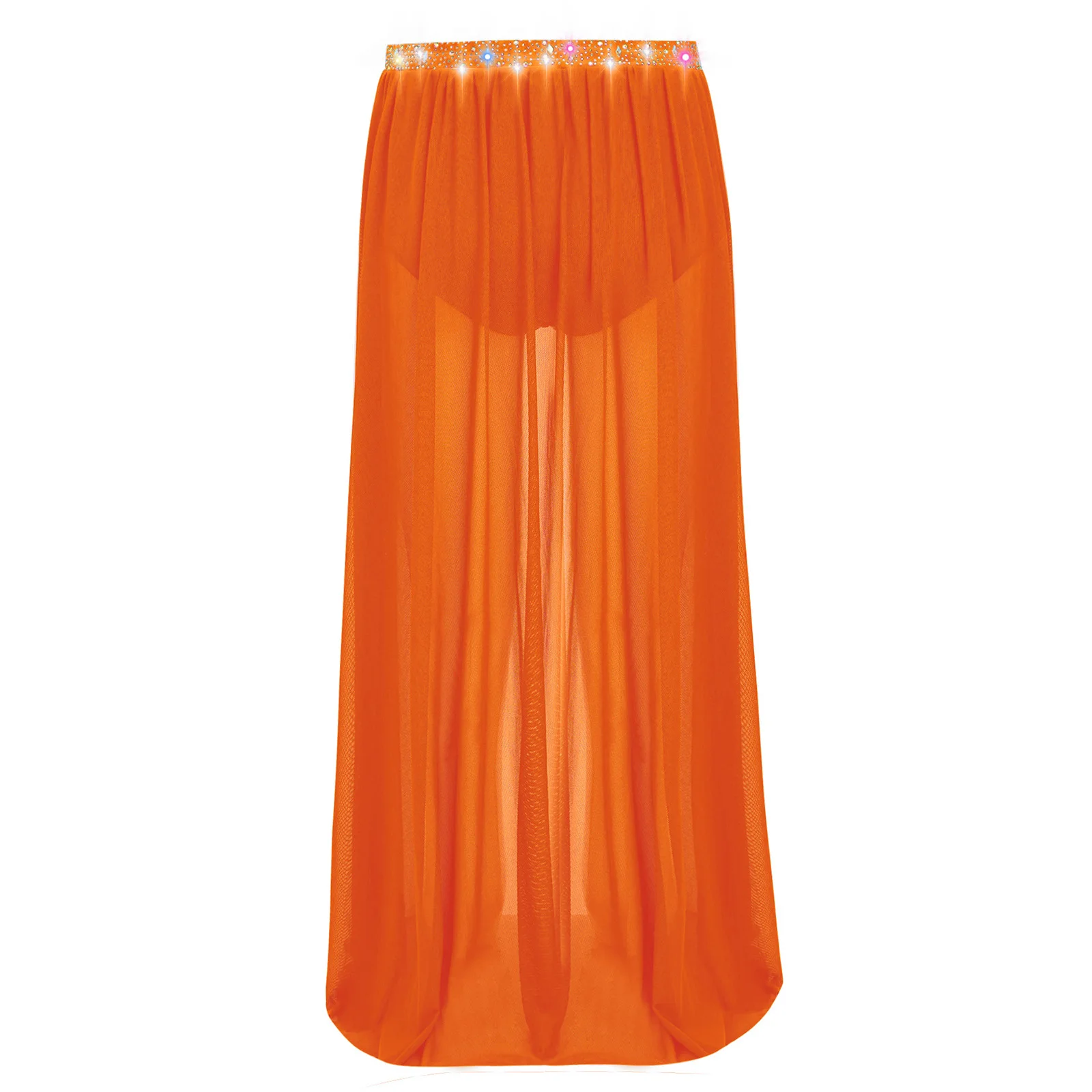 Lyrischer moderner Tanzrock für Kinder, Mädchen, glänzende Strasssteine, vorne offen, fließender, durchsichtiger Netzrock mit integrierten Slips, Ballettkleider