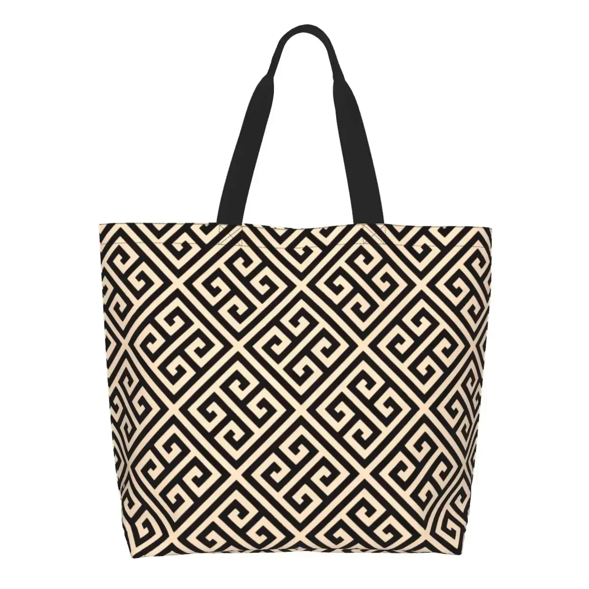 

Custom Greek Meander Black And Beige Design Canvas Shopping Bag Women Reusable Large Capacity Grocery Shopper Tote Bags