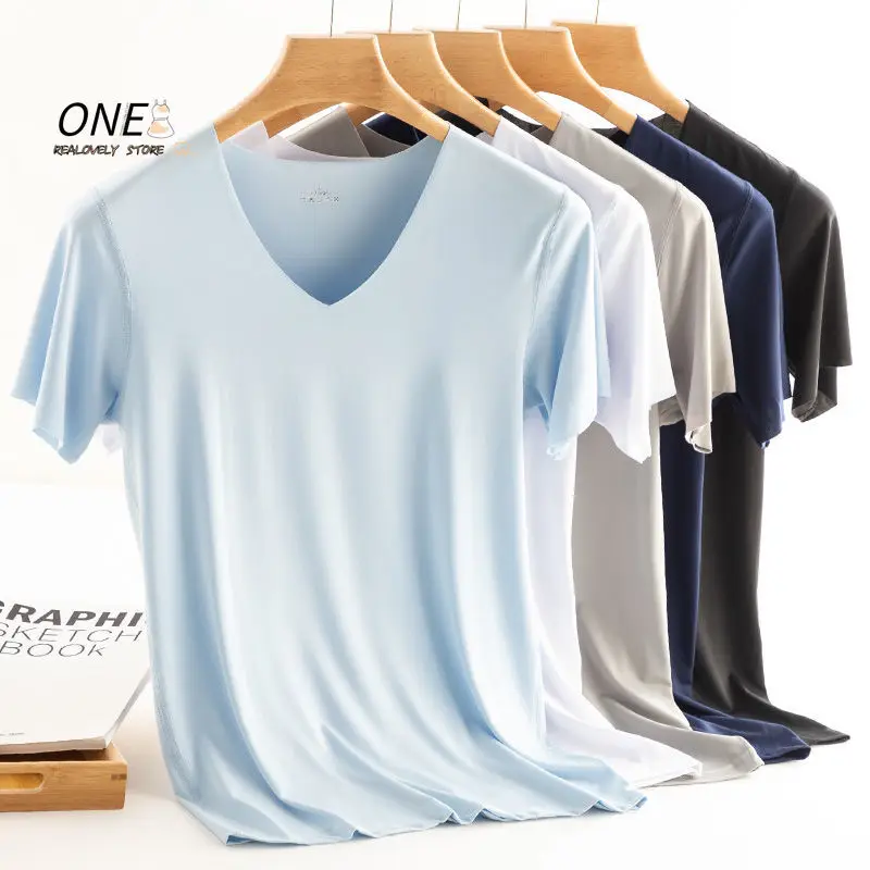 Summer Thin Ladies Ice Silk Seamless Short Sleeve V-neck T-shirt Basic Cotton Tee Men Inside Slim Half Sleeve Tees M-5XL