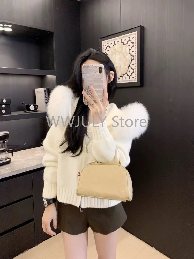 Autumn Winter Fur Hooded Knitted Sweater Woman Zipper Casual Long Sleeve Cardigan Outwear Fashion Warm Pullover New Chic