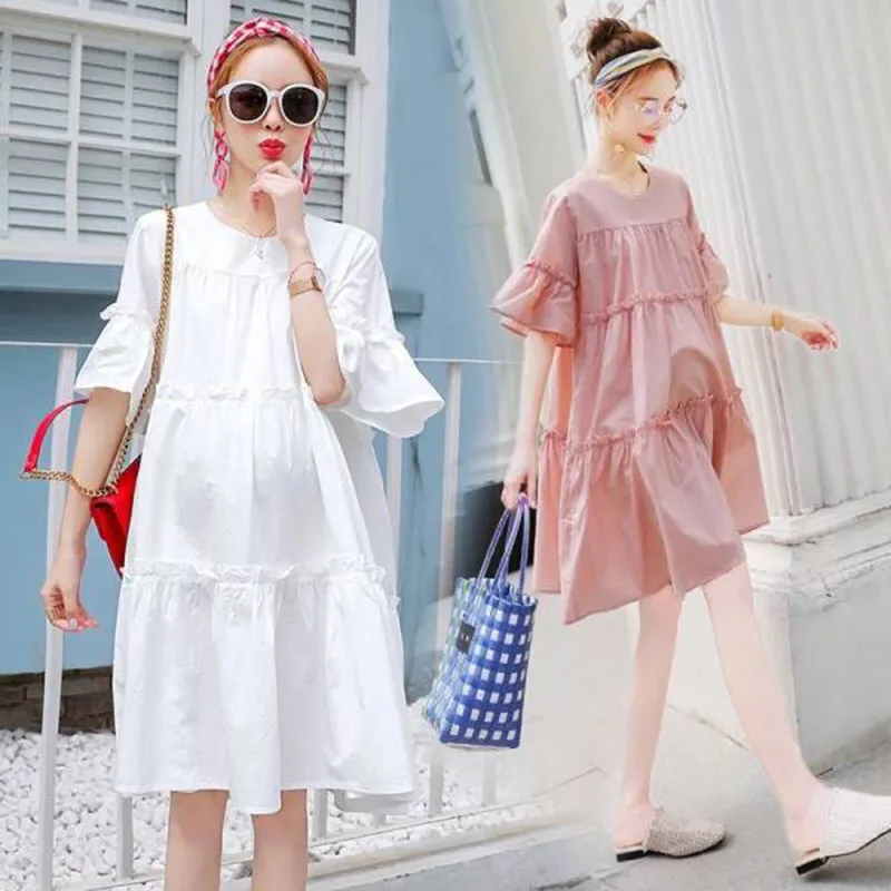 Maternity Summer Dress Short Sleeve O-Neck Puff Sleeve High Waist Pregnant Women Cotton Dress Loose Pregnancy Clothes