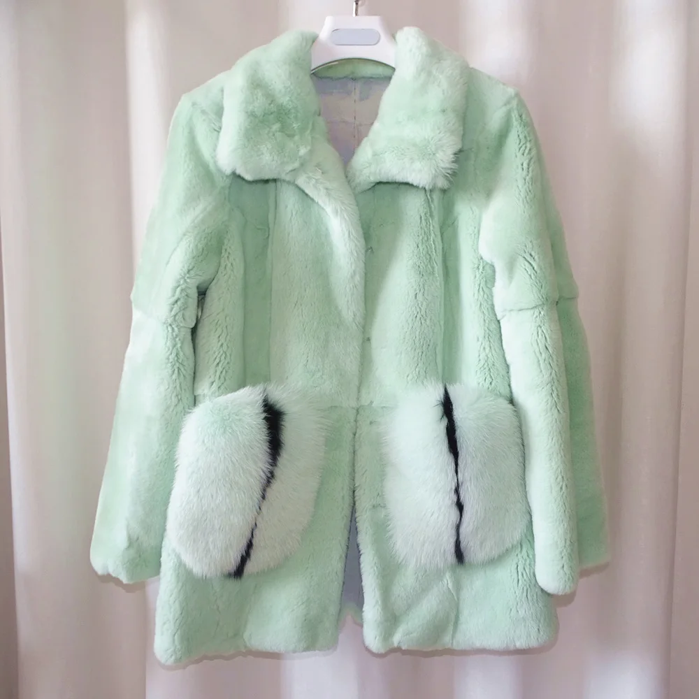 

Hot Sales New Winter Turn-down Collar Big Fox Fur Pockets Accept Custom Order Real Rabbit Fur Coat Women Rex Rabbit Fur Jacket