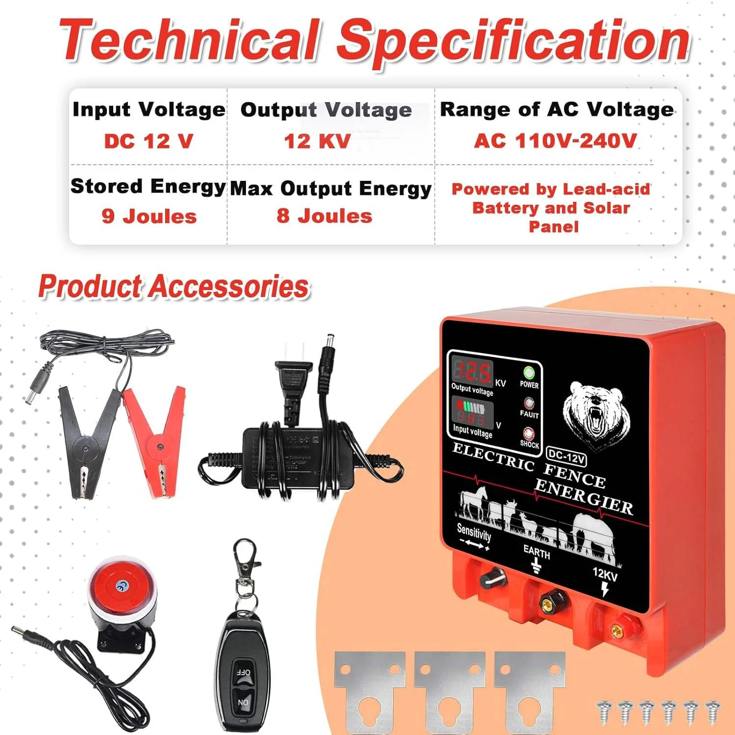 9 Joules 40KM Electric Fence Charger LCD Display AC 12V Input/12KV Output 400 Acres Coverage Waterproof Alarm for Direct Fence