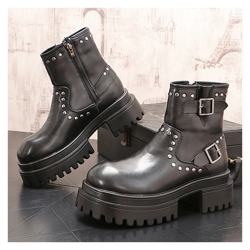

Мужские роскошные модные высокие ботинки челси в стиле панк-гот, обувь из натуральной кожи, ковбойские дизайнерские ботинки на платформе, крутые мотоциклетные ботинки hombre