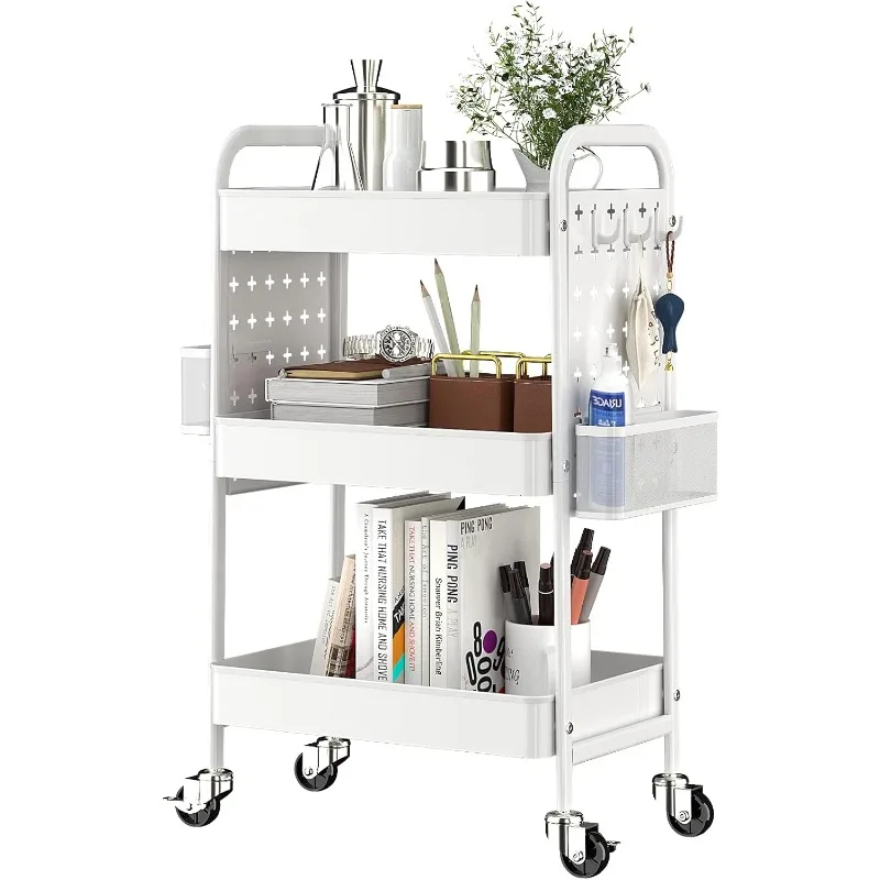 

3-Tier Rolling Cart, Metal Utility Storage Cart with DIY Pegboards, Art Craft Trolley with Baskets Hooks, Organizer