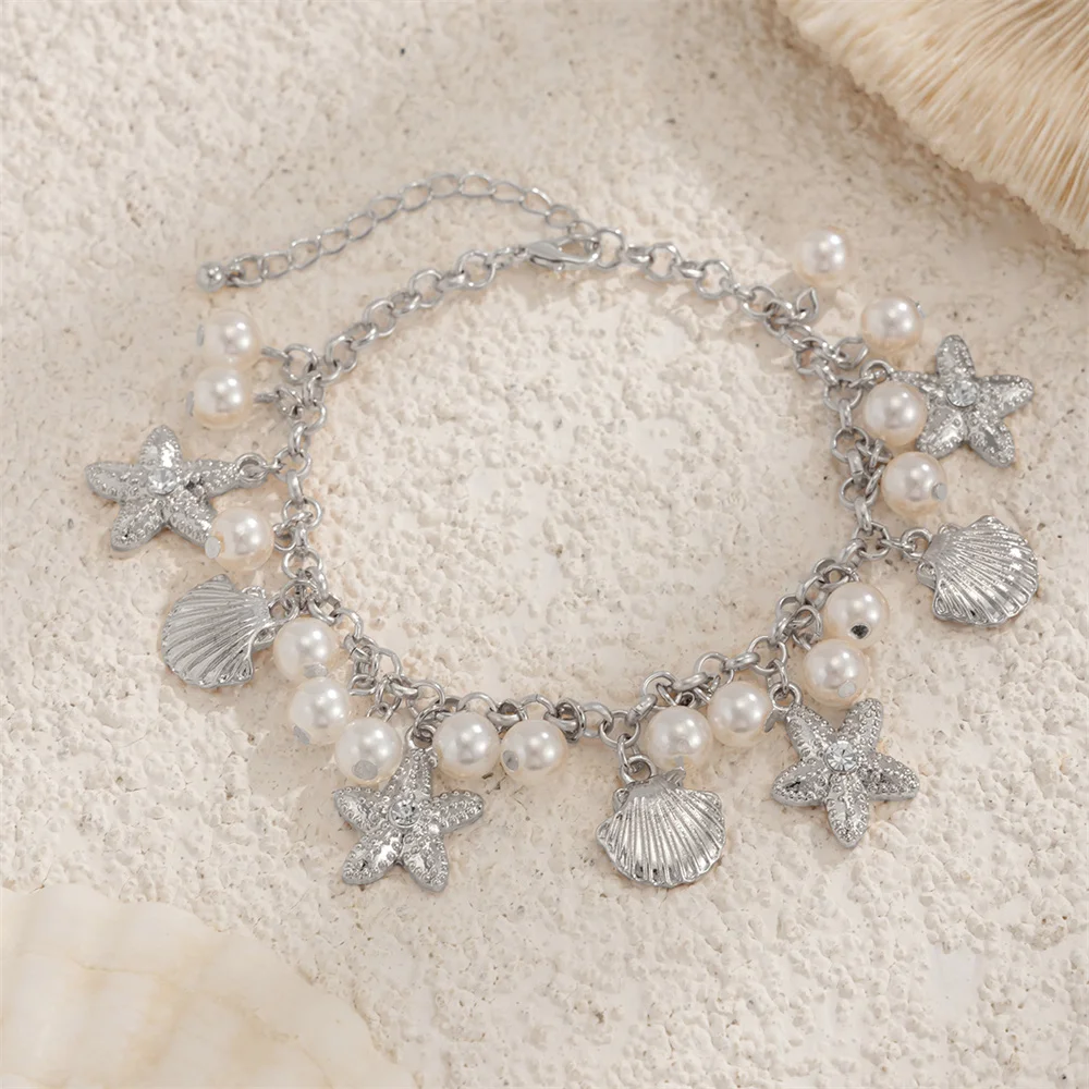 

Новый золотой цвет с PVD-покрытием из нержавеющей стали, жемчужная ракушка, морская звезда, очаровательный браслет, женский водонепроницаемый пляжный ювелирный браслет, подарок