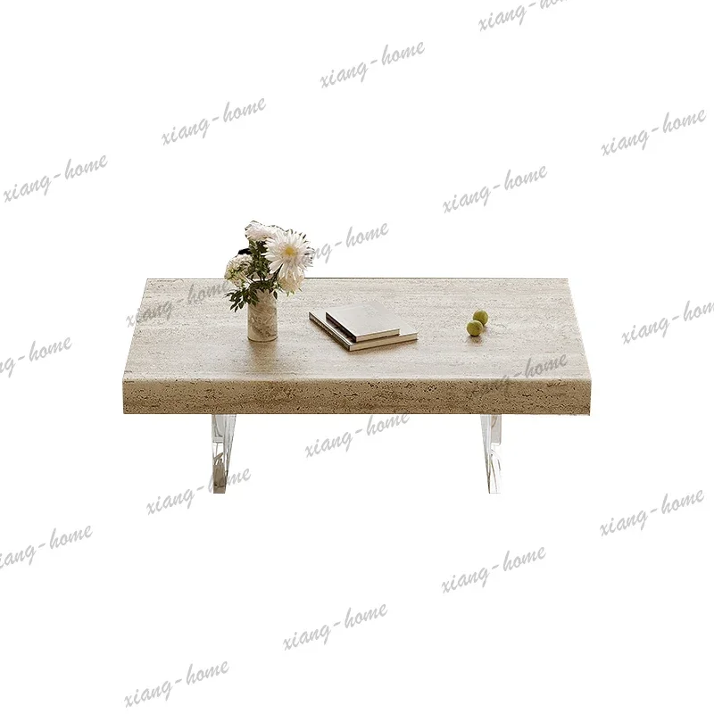 Wabi-Sabi Travertine Coffee Table, Modern Minimalist Tea Table for Home&Guesthouse, Heat & Scratch Resistant, Artisan Customize