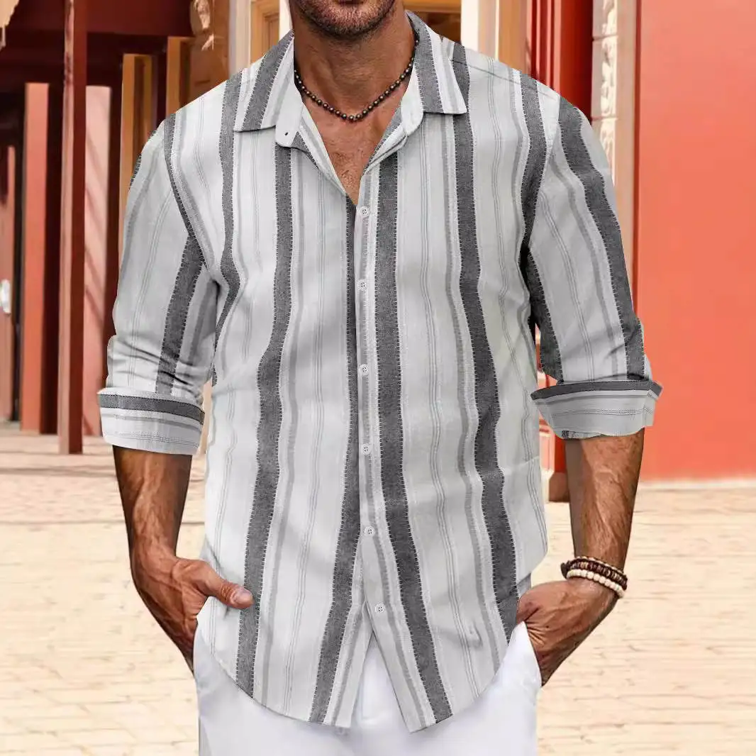 

Men's Long Sve irt Spring Autumn Cotton Linen Button down Collar Striped Casual Faion Classic Sle Comfortable Fit
