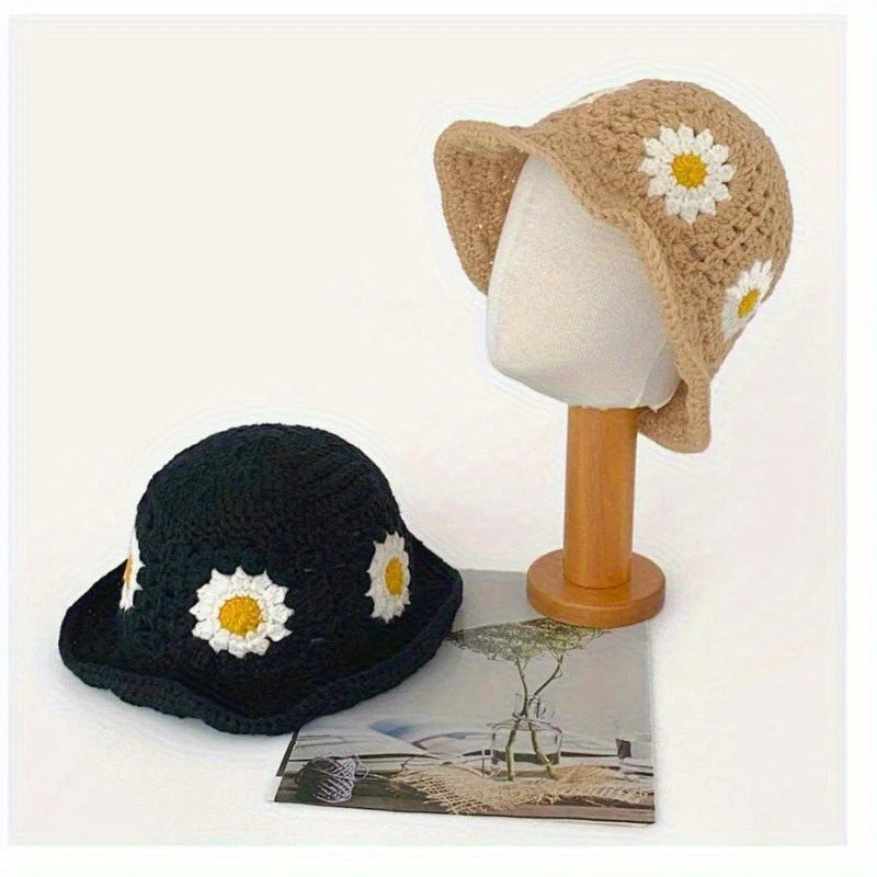

Bohemian Daisy Bucket Hat Hand Crochet Design Pure Color Knitted Fisherman Sun Hat for Women Outdoor Travel Headwear