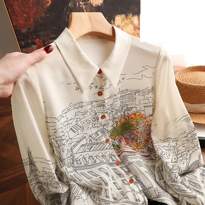 S-3XL Satin blouse women camisas Summer Shirt Long SleeveTops Print Slim Blouse Women Shirts blusa mujer moda 2024 womens tops