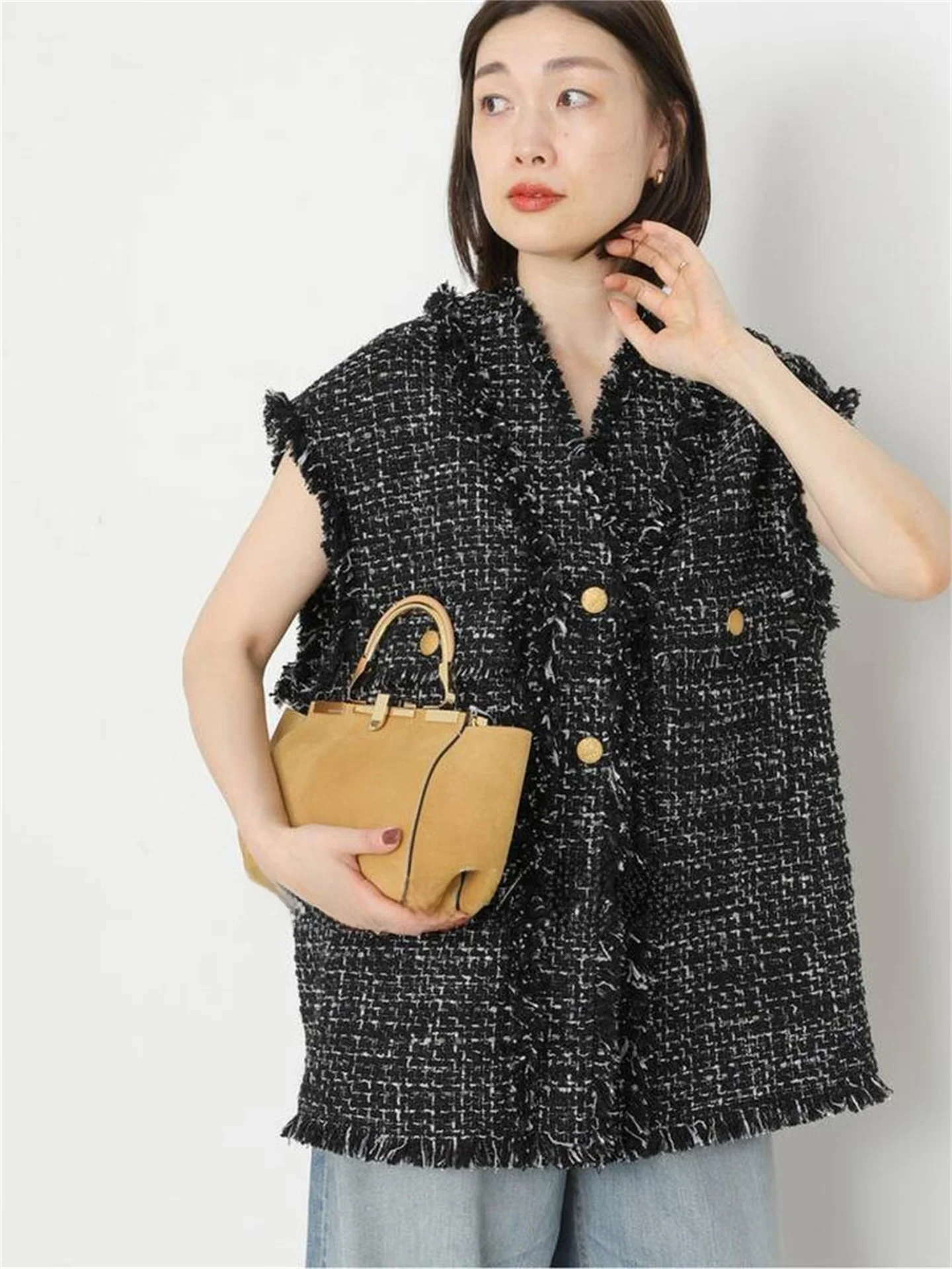 

Роскошный свободный шерстяной жилет в стиле ретро с широкими плечами и золотистым синим твидовым дизайном для поездок на работу, обычная длина