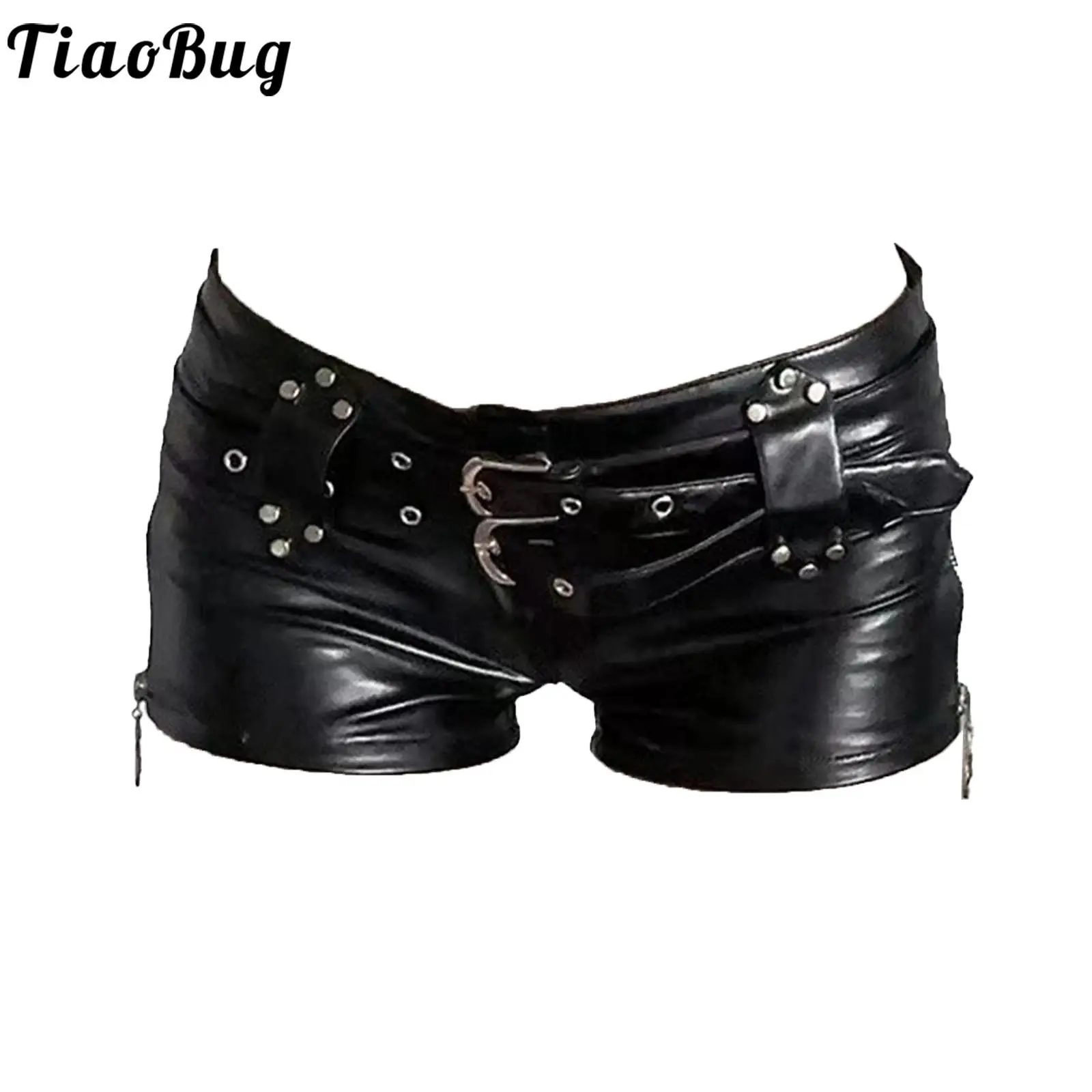 Women Hot Pants Zipper PU Leather Low Waist Booty Shorts with Adjustable Double Belts Sexy Club Party Wear