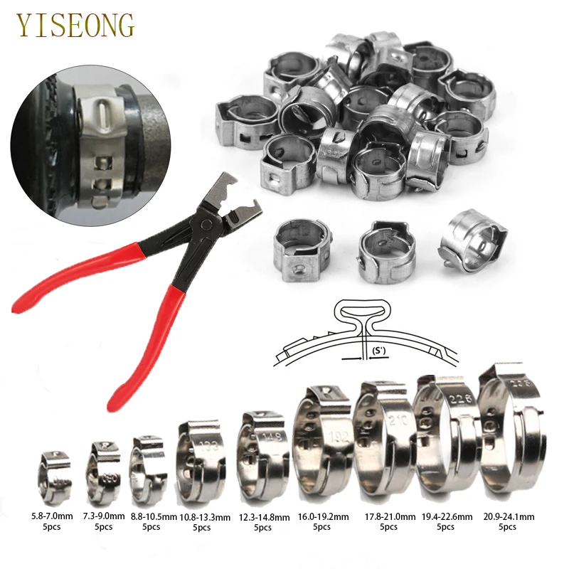 45 Stück Einohr-Schlauchschellen, Schlauchschelle, Klemmzange, 5,8–24,1 mm, Werkzeugsatz, 304 Edelstahl-Schlauchschellen