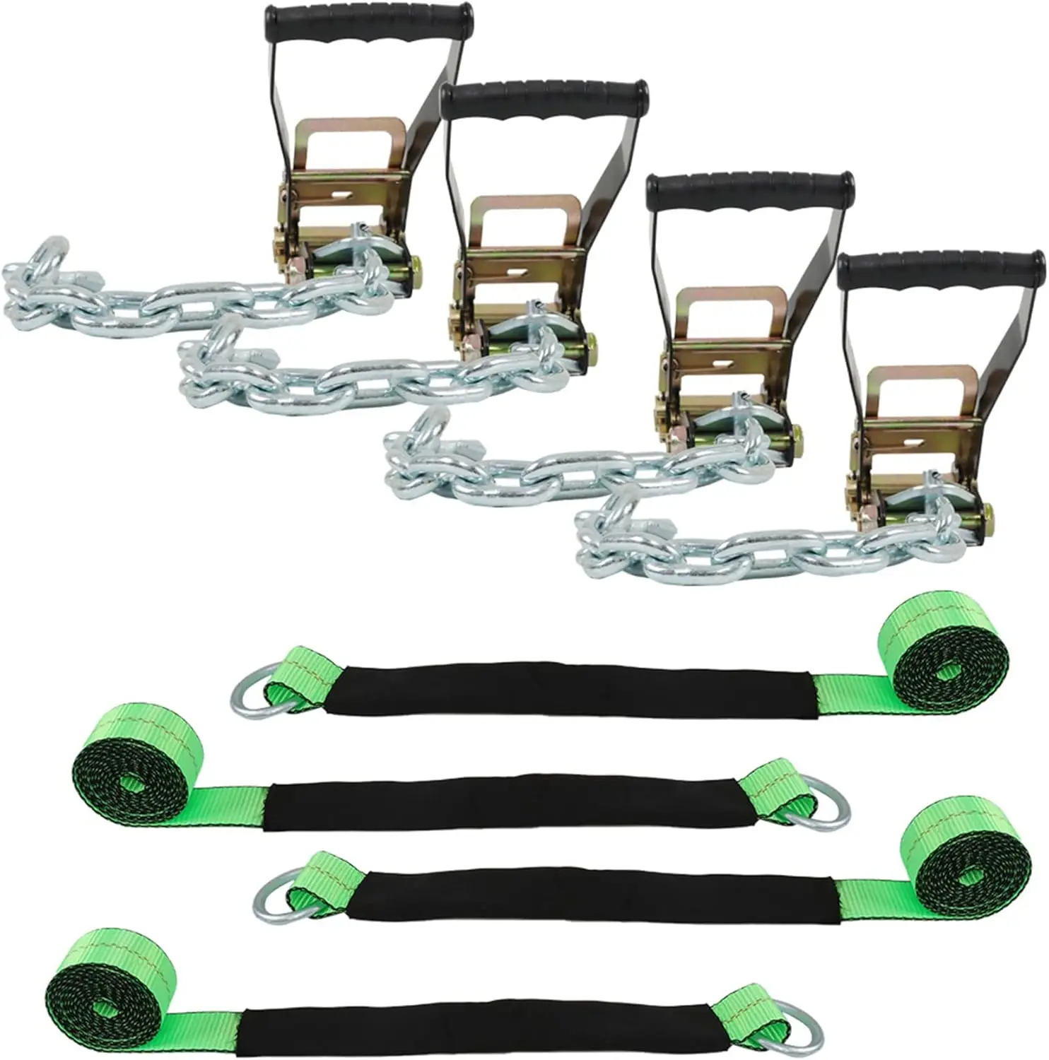 4 Pack Car Tie Down with Chain Anchors Lasso Style 2 x 96 Inch 3,300 Pound Safe Working Load Green