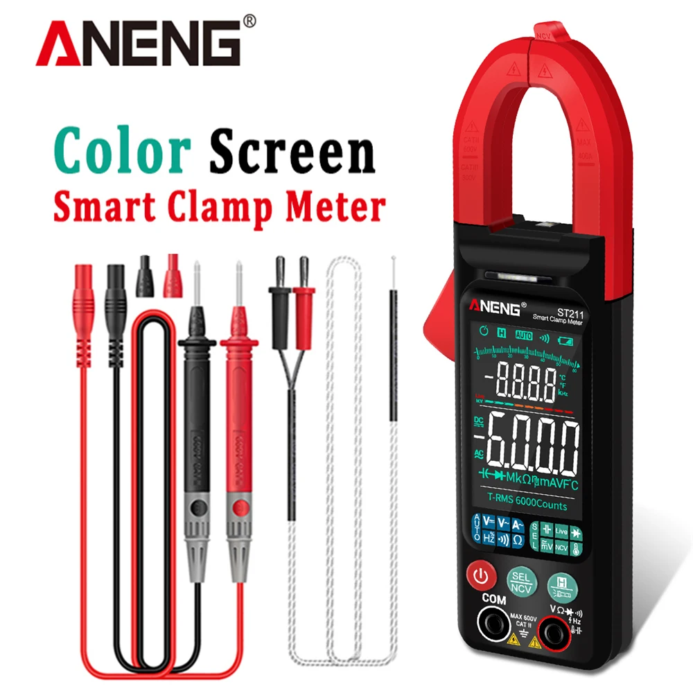 ANENG ST211 6000 Counts Digital Clamp Meter Multimeter AC DC Voltage Current Tester Car Amp Hz NCV Ohm Big Color Screen Test