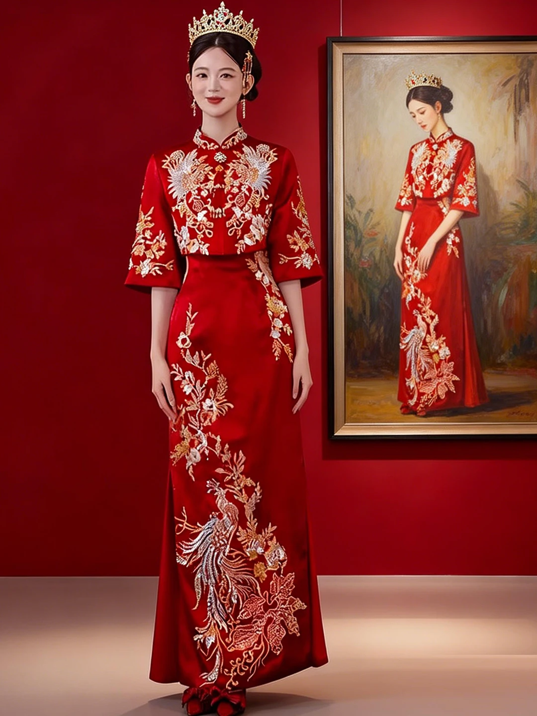 

Red Satin Wedding Dress Summer Thin Answer Banquet Retro Style Long Qipao Embroidered Design for Bridal Shower Return
